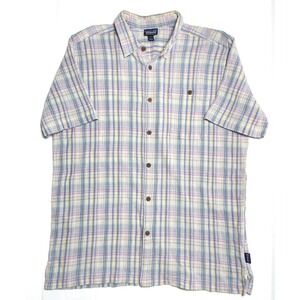 Patagonia Organic Cotton Mens A/C Shirt Short Sleeve Sz L Pastel Pink Blue Plaid